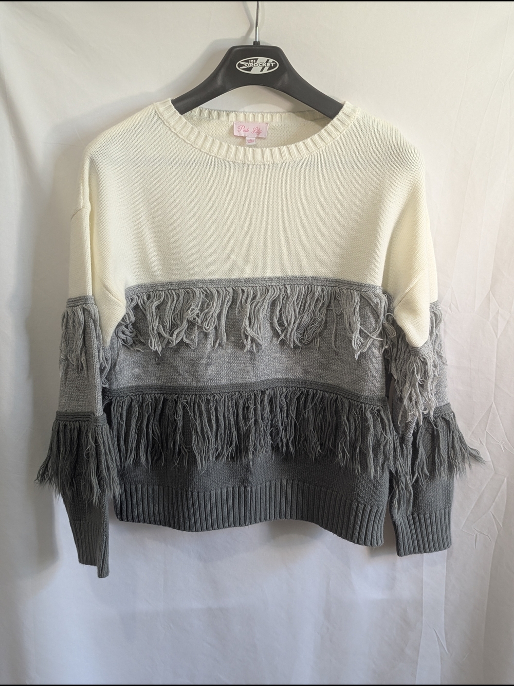 Pink Lily Fringe Colorblock Knit Sweater Ivory Gray Long Sleeve Boho Size S